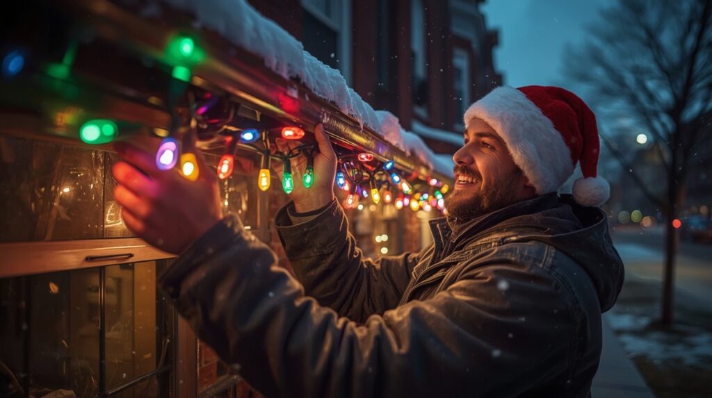 Christmas Light Hanging Service in Philadelphia lucid realism a surreal and vibrant cinematic photo of a cheer 2